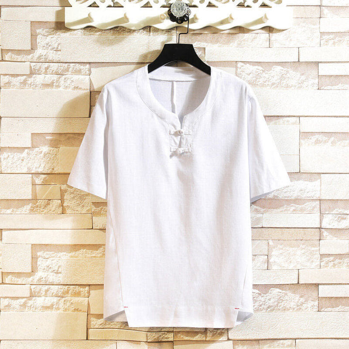 Camicia da uomo in cotone e lino a maniche corte con bottoni, tinta unita, stile estivo cinese Buddha Stones