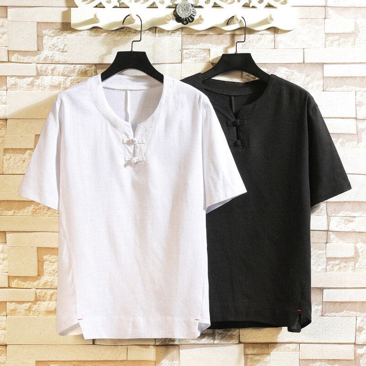 Camicia da uomo in cotone e lino a maniche corte con bottoni, tinta unita, stile estivo cinese Buddha Stones