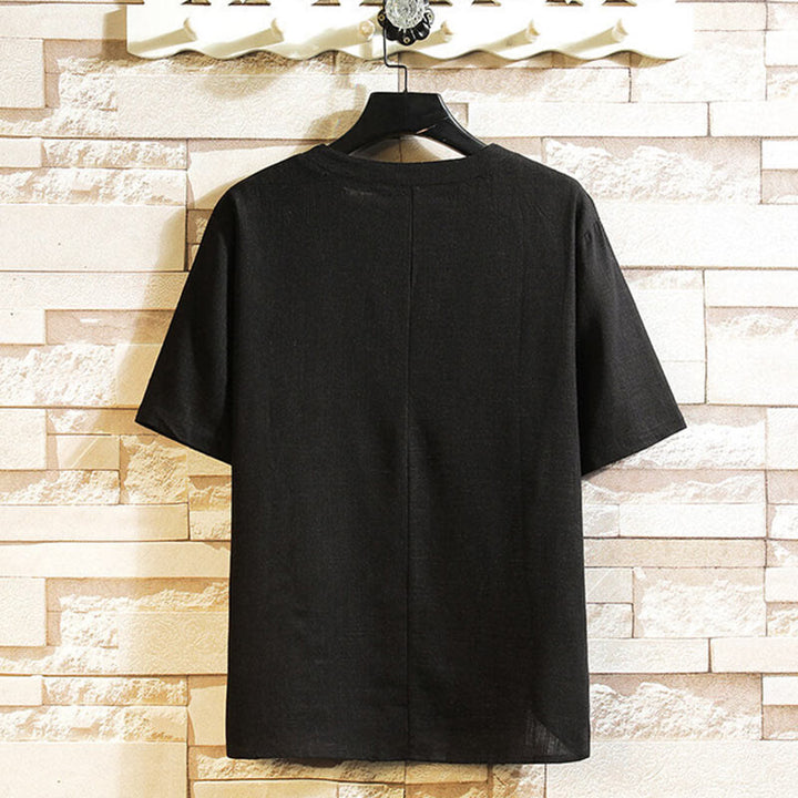 Camicia da uomo in cotone e lino a maniche corte con bottoni, tinta unita, stile estivo cinese Buddha Stones