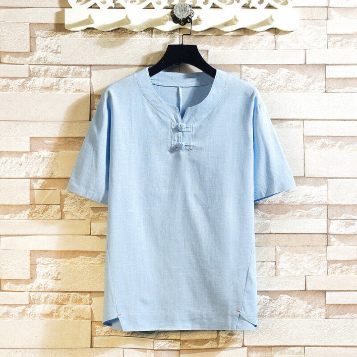 Camicia da uomo in cotone e lino a maniche corte con bottoni, tinta unita, stile estivo cinese Buddha Stones - AzzurroCielo Chiaro - US/UK/AU46, EU56 (5XL) - image 0