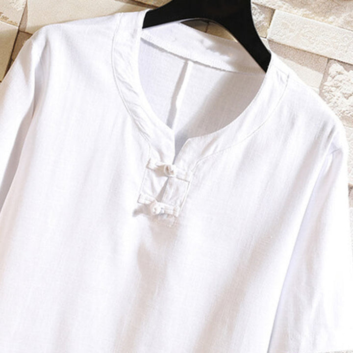 Camicia da uomo in cotone e lino a maniche corte con bottoni, tinta unita, stile estivo cinese Buddha Stones
