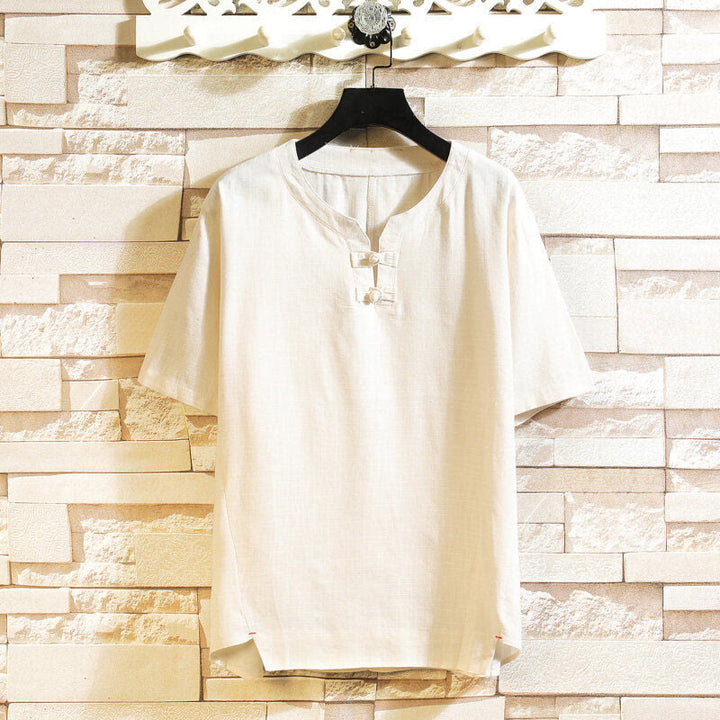 Camicia da uomo in cotone e lino a maniche corte con bottoni, tinta unita, stile estivo cinese Buddha Stones