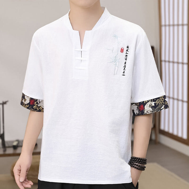 T-shirt da uomo in cotone e lino a mezza manica con ricamo estivo Buddha Stones e motivo patchwork di bambù