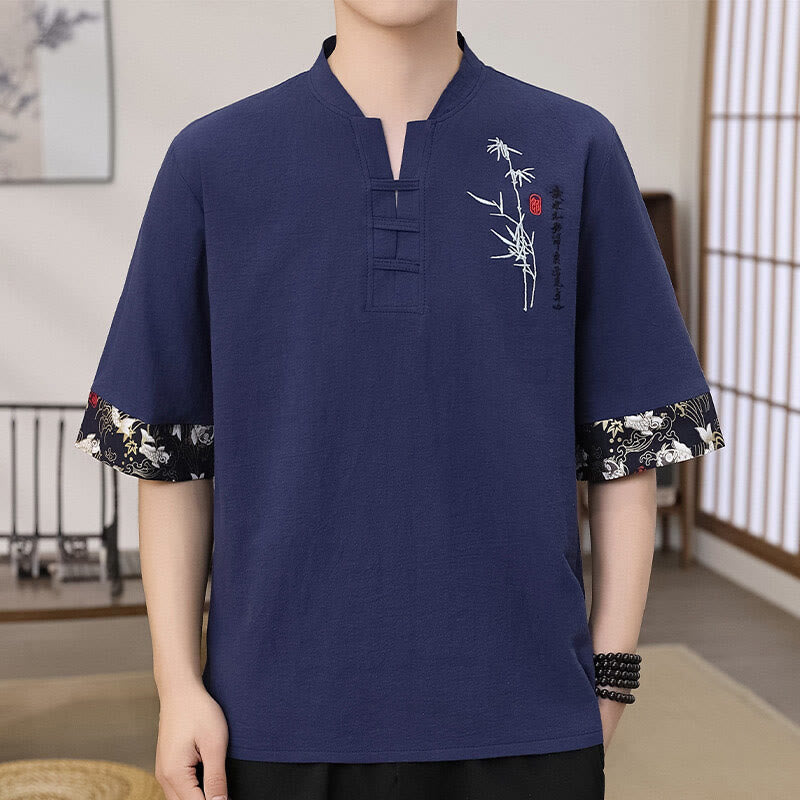 T-shirt da uomo in cotone e lino a mezza manica con ricamo estivo Buddha Stones e motivo patchwork di bambù