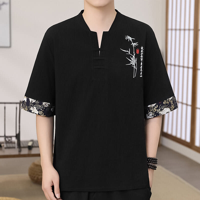 T-shirt da uomo in cotone e lino a mezza manica con ricamo estivo Buddha Stones e motivo patchwork di bambù - Nero - US/UK/AU46, EU56 (5XL) - image 1