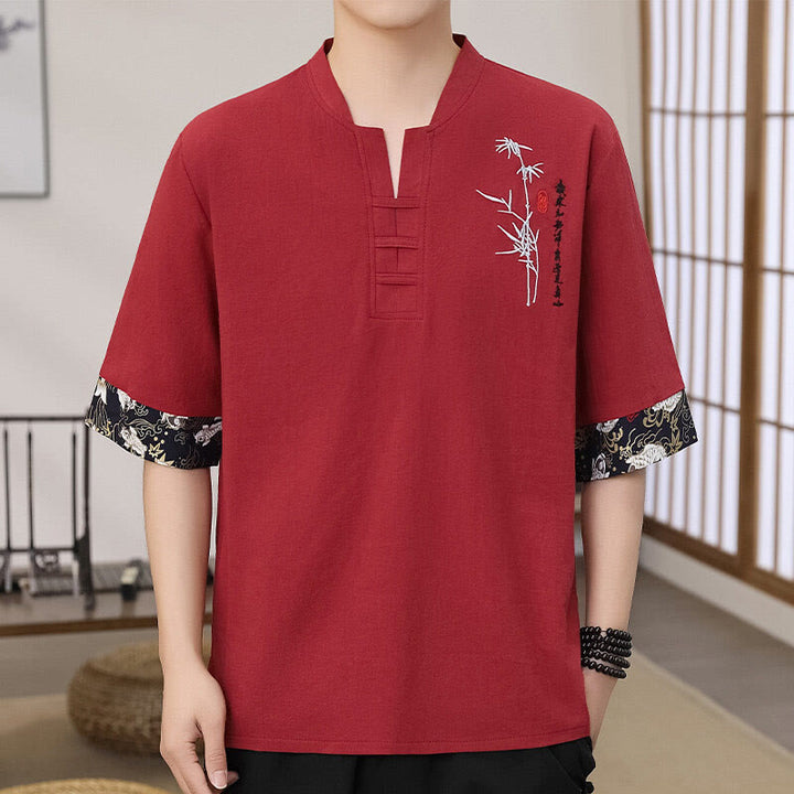 T-shirt da uomo in cotone e lino a mezza manica con ricamo estivo Buddha Stones e motivo patchwork di bambù