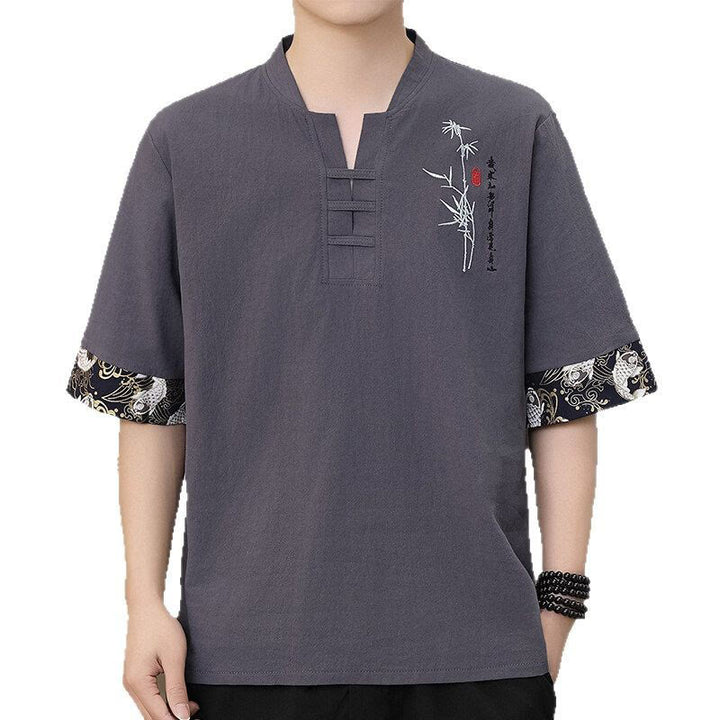 T-shirt da uomo in cotone e lino a mezza manica con ricamo estivo Buddha Stones e motivo patchwork di bambù