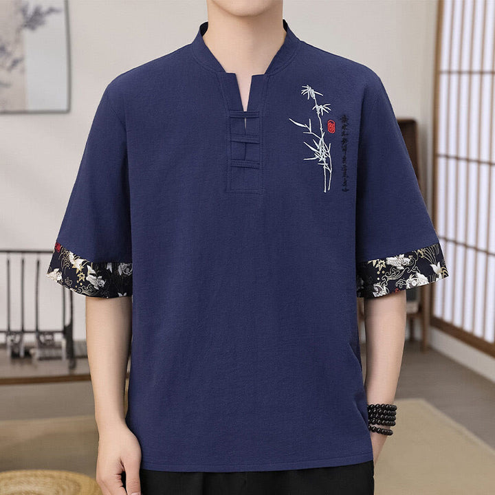 T-shirt da uomo in cotone e lino a mezza manica con ricamo estivo Buddha Stones e motivo patchwork di bambù - DarkSlateBlue - US/UK/AU46, EU56 (5XL) - image 4