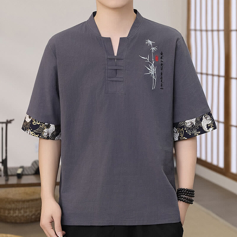 T-shirt da uomo in cotone e lino a mezza manica con ricamo estivo Buddha Stones e motivo patchwork di bambù - Grigio ardesia - US/UK/AU46, EU56 (5XL) - image 2