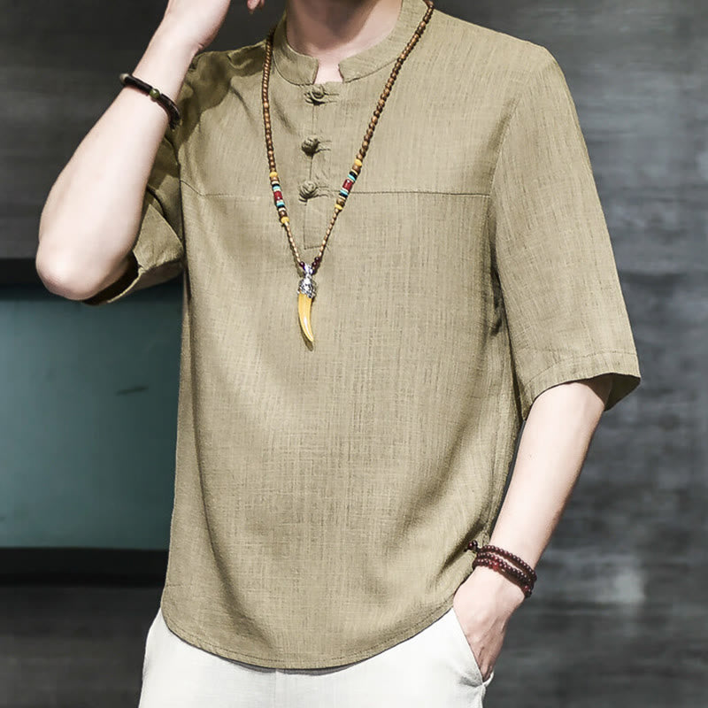 Maglietta da uomo in cotone e lino a mezza manica, stile casual vintage cinese con bottoni a forma di rana, motivo Buddha Stones - image 1