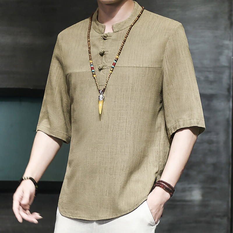 Maglietta da uomo in cotone e lino a mezza manica, stile casual vintage cinese con bottoni a forma di rana, motivo Buddha Stones - DarkKhaki - US/UK/AU46, EU56 (5XL) - image 0