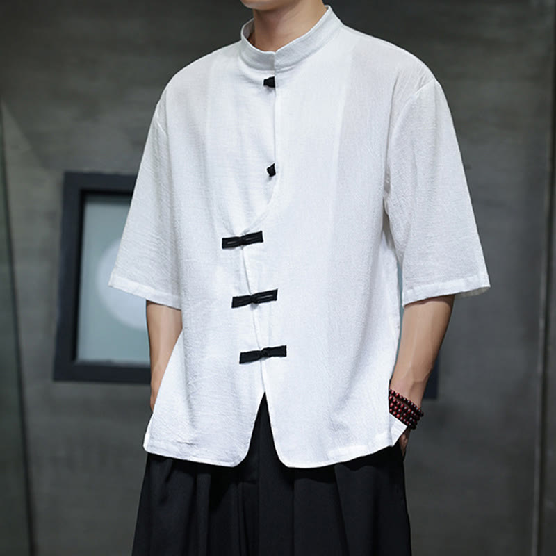 Camicia da uomo in cotone e lino con maniche corte, colletto rialzato, bottoni cinesi e motivo Buddha Stones - image 8