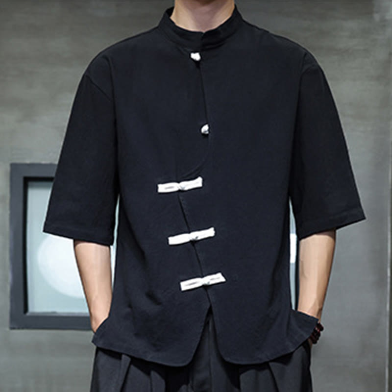 Camicia da uomo in cotone e lino con maniche corte, colletto rialzato, bottoni cinesi e motivo Buddha Stones - image 1