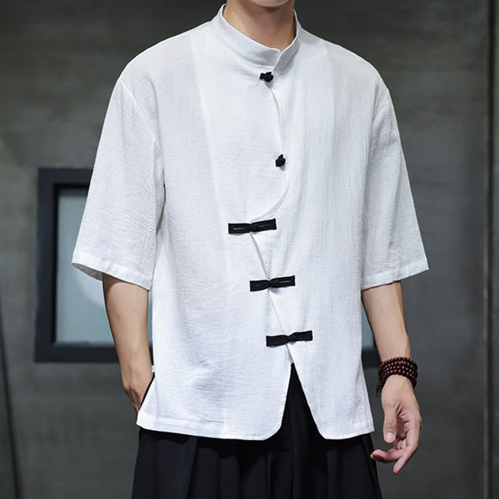 Camicia da uomo in cotone e lino con maniche corte, colletto rialzato, bottoni cinesi e motivo Buddha Stones - Bianco - US/UK/AU46, EU56 (5XL) - image 6