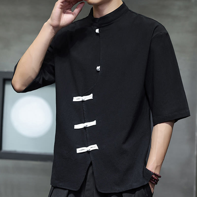 Camicia da uomo in cotone e lino con maniche corte, colletto rialzato, bottoni cinesi e motivo Buddha Stones - image 2