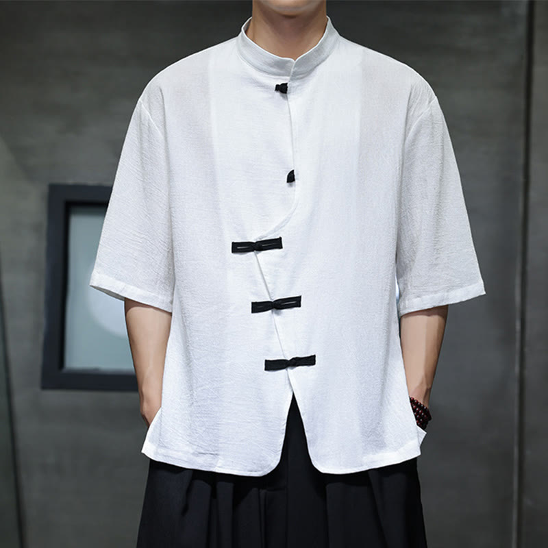 Camicia da uomo in cotone e lino con maniche corte, colletto rialzato, bottoni cinesi e motivo Buddha Stones - image 7