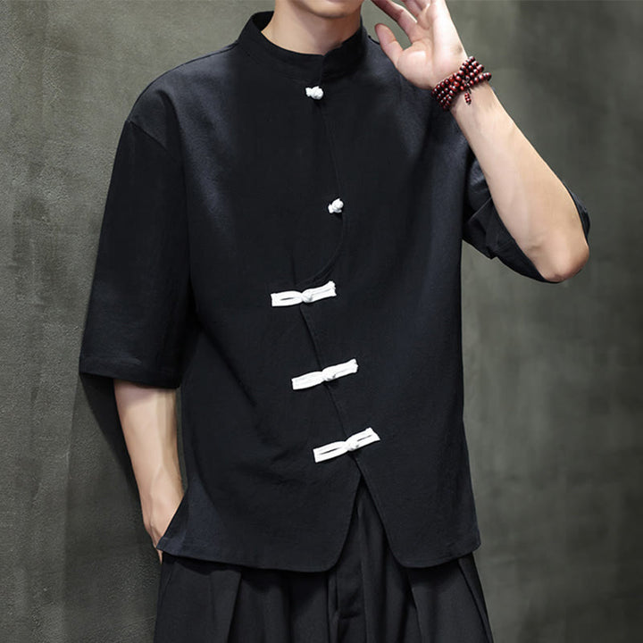 Camicia da uomo in cotone e lino con maniche corte, colletto rialzato, bottoni cinesi e motivo Buddha Stones - image 4