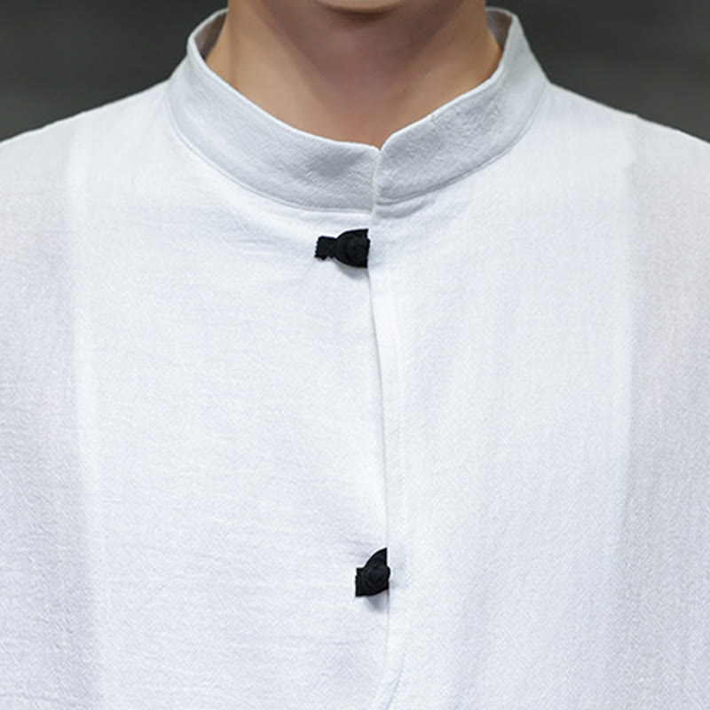 Camicia da uomo in cotone e lino con maniche corte, colletto rialzato, bottoni cinesi e motivo Buddha Stones - image 11