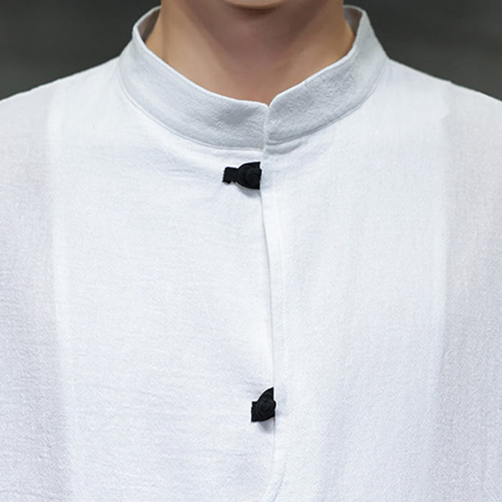 Camicia da uomo in cotone e lino con maniche corte, colletto rialzato, bottoni cinesi e motivo Buddha Stones - image 11