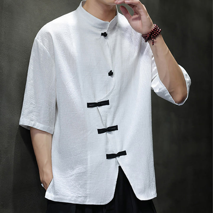 Camicia da uomo in cotone e lino con maniche corte, colletto rialzato, bottoni cinesi e motivo Buddha Stones - image 9