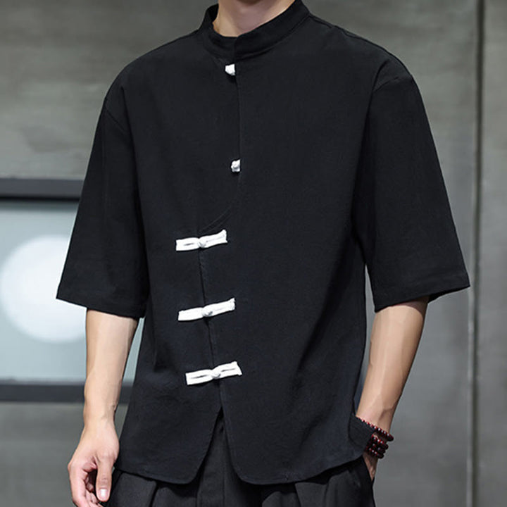 Camicia da uomo in cotone e lino con maniche corte, colletto rialzato, bottoni cinesi e motivo Buddha Stones - image 3