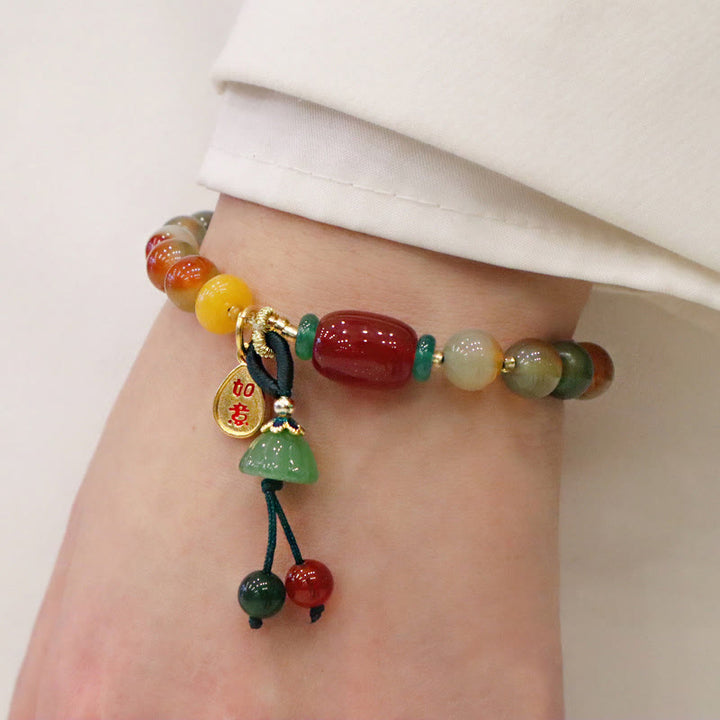 Braccialetto del coraggio con ciondolo Ruyi As One Wishes, in agata pavone naturale colorata, calcedonio e Buddha Stones