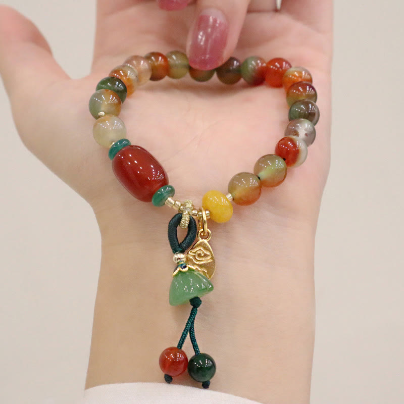 Braccialetto del coraggio con ciondolo Ruyi As One Wishes, in agata pavone naturale colorata, calcedonio e Buddha Stones