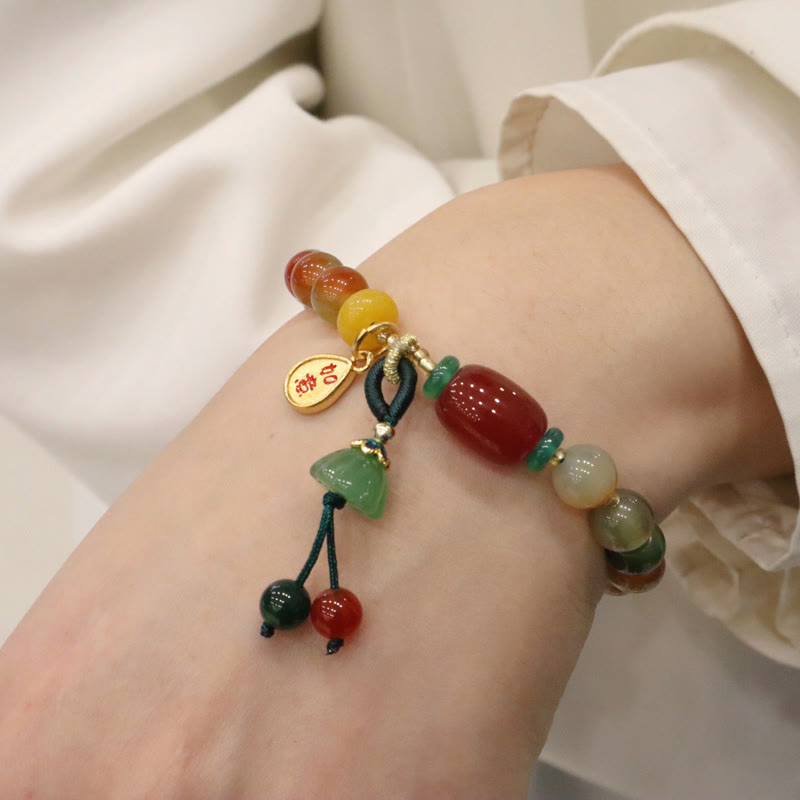 Braccialetto del coraggio con ciondolo Ruyi As One Wishes, in agata pavone naturale colorata, calcedonio e Buddha Stones