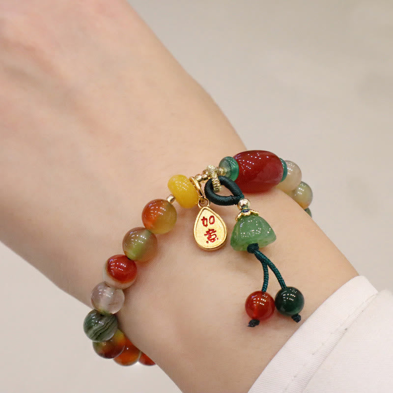 Braccialetto del coraggio con ciondolo Ruyi As One Wishes, in agata pavone naturale colorata, calcedonio e Buddha Stones
