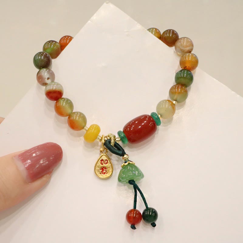 Braccialetto del coraggio con ciondolo Ruyi As One Wishes, in agata pavone naturale colorata, calcedonio e Buddha Stones