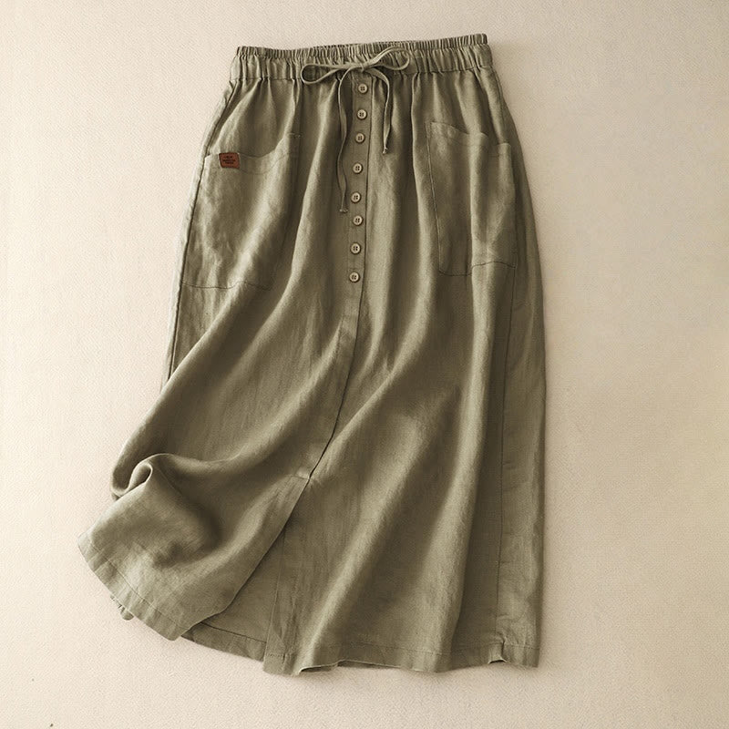 Gonna da donna in cotone e lino con tasche, modello Buddha Stones, con lacci e spacchi, primavera - Verde oliva - US8-10, UK/AU12-14, EU40-42 (2XL) - image 2