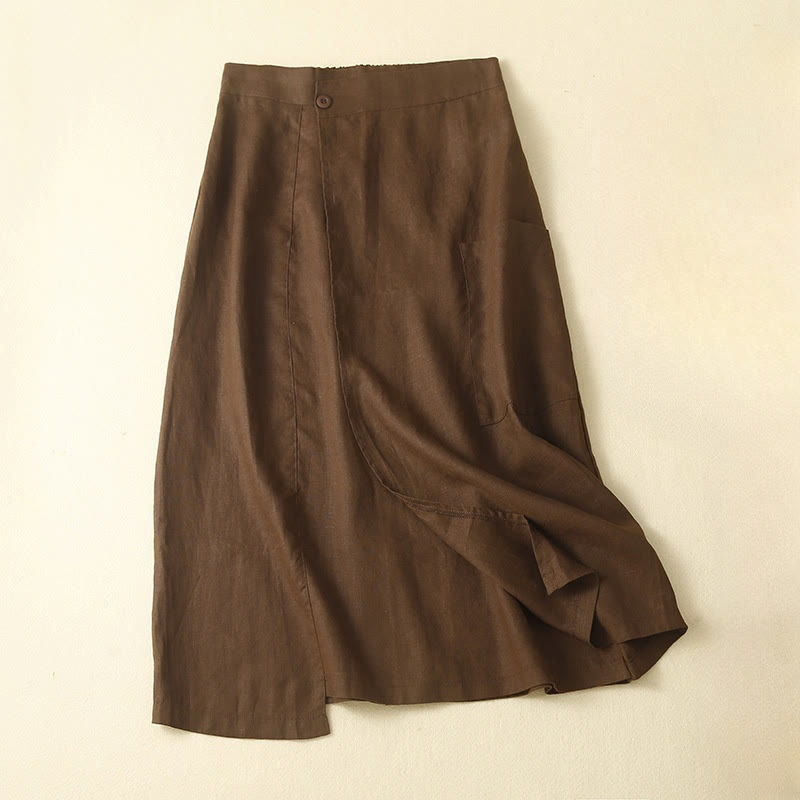 Gonna da donna in lino e cotone asimmetrica con tasche, vintage, estiva, a vita alta, con Buddha Stones - Marrone sella - US8-10, UK/AU12-14, EU40-42 (2XL) - image 0