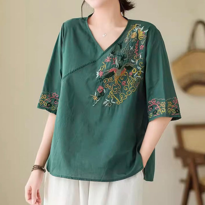 Maglietta da donna in cotone a mezza manica con scollo a V, motivo a uccelli, motivo a ricami colorati casual Buddha Stones - Verde mare - US12, UK/AU16, EU44 (3XL) - image 0