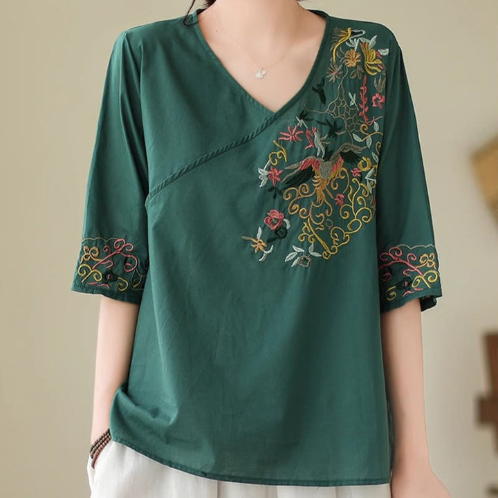 Maglietta da donna in cotone a mezza manica con scollo a V, motivo a uccelli, motivo a ricami colorati casual Buddha Stones - image 1