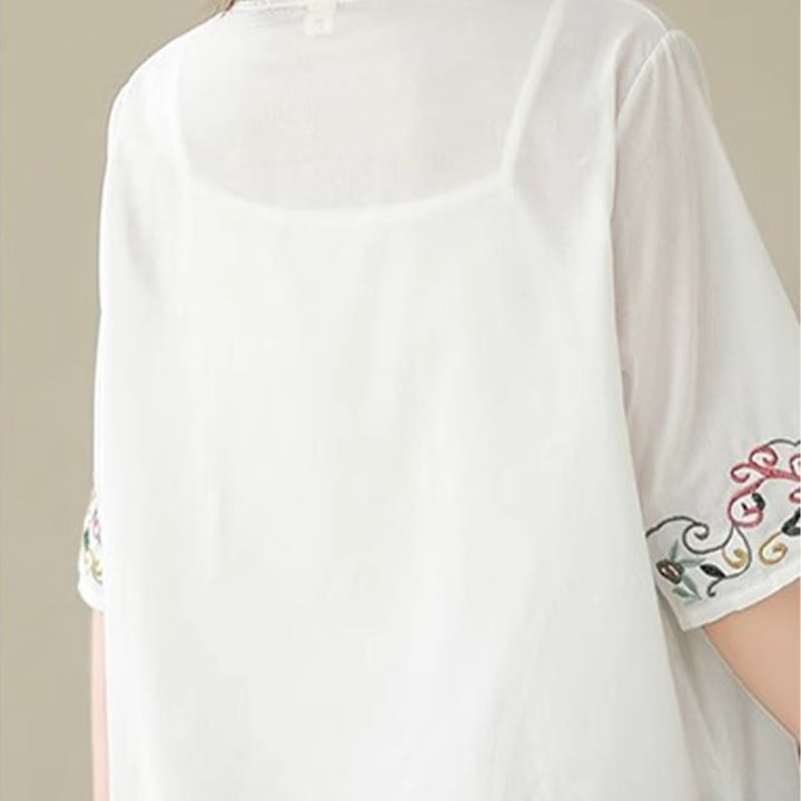 Maglietta da donna in cotone a mezza manica con scollo a V, motivo a uccelli, motivo a ricami colorati casual Buddha Stones - image 8