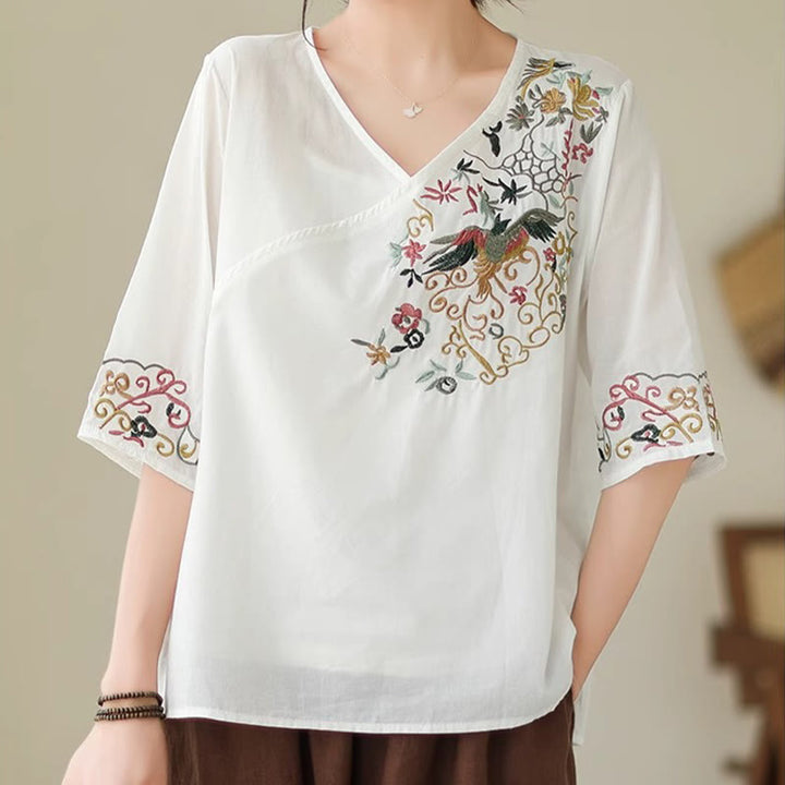 Maglietta da donna in cotone a mezza manica con scollo a V, motivo a uccelli, motivo a ricami colorati casual Buddha Stones - Bianco - US12, UK/AU16, EU44 (3XL) - image 5