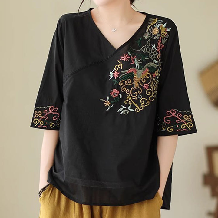 Maglietta da donna in cotone a mezza manica con scollo a V, motivo a uccelli, motivo a ricami colorati casual Buddha Stones - image 14