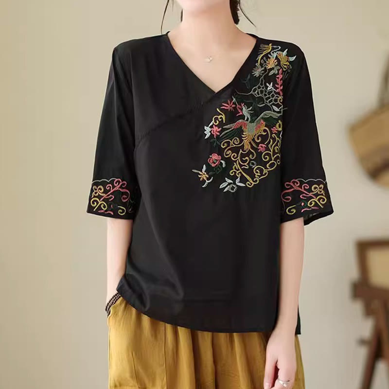 Maglietta da donna in cotone a mezza manica con scollo a V, motivo a uccelli, motivo a ricami colorati casual Buddha Stones - image 13