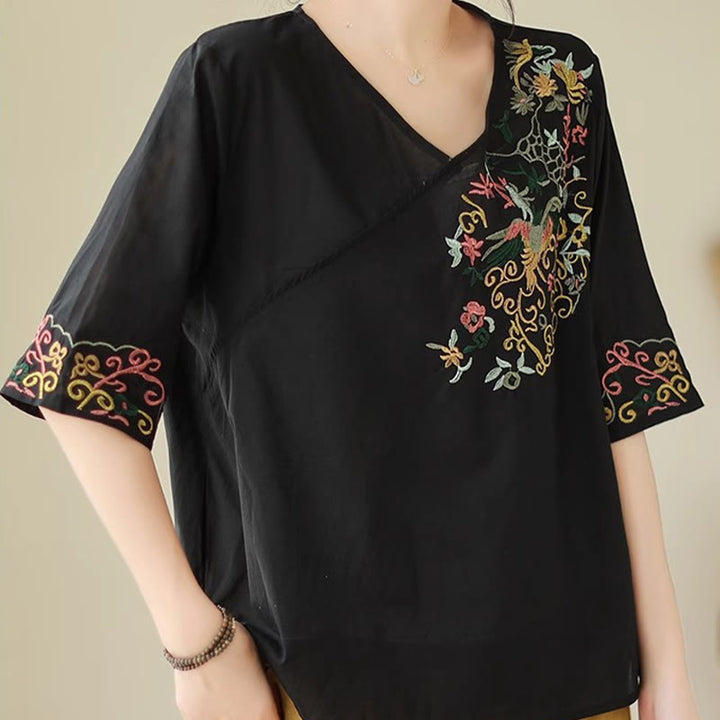 Maglietta da donna in cotone a mezza manica con scollo a V, motivo a uccelli, motivo a ricami colorati casual Buddha Stones - image 15
