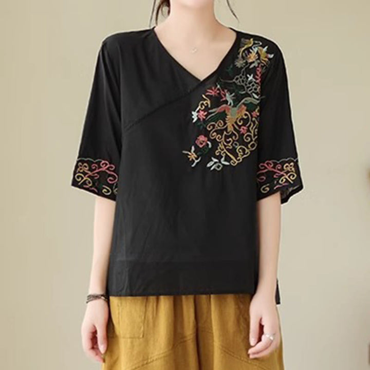 Maglietta da donna in cotone a mezza manica con scollo a V, motivo a uccelli, motivo a ricami colorati casual Buddha Stones - Nero - US12, UK/AU16, EU44 (3XL) - image 11