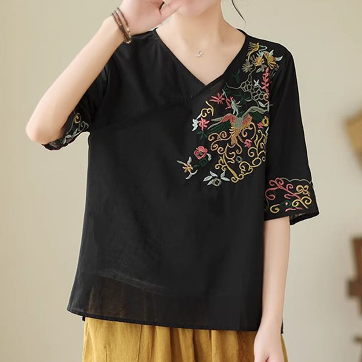 Maglietta da donna in cotone a mezza manica con scollo a V, motivo a uccelli, motivo a ricami colorati casual Buddha Stones - image 12