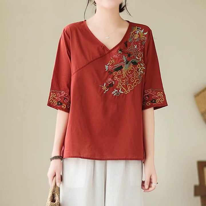Maglietta da donna in cotone a mezza manica con scollo a V, motivo a uccelli, motivo a ricami colorati casual Buddha Stones - FireBrick - US12, UK/AU16, EU44 (3XL) - image 16