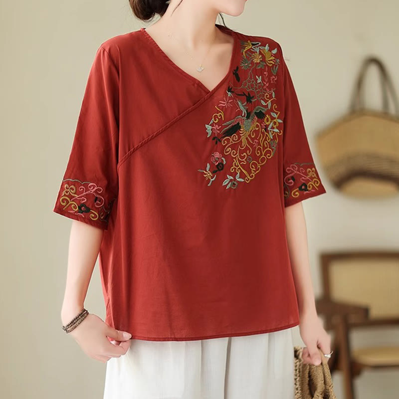 Maglietta da donna in cotone a mezza manica con scollo a V, motivo a uccelli, motivo a ricami colorati casual Buddha Stones - image 18