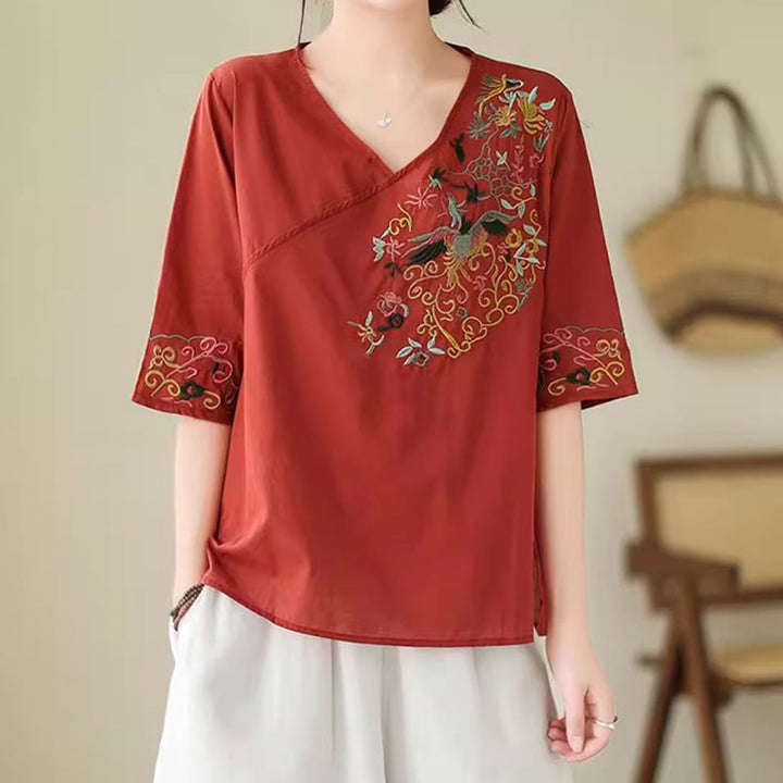 Maglietta da donna in cotone a mezza manica con scollo a V, motivo a uccelli, motivo a ricami colorati casual Buddha Stones - image 17