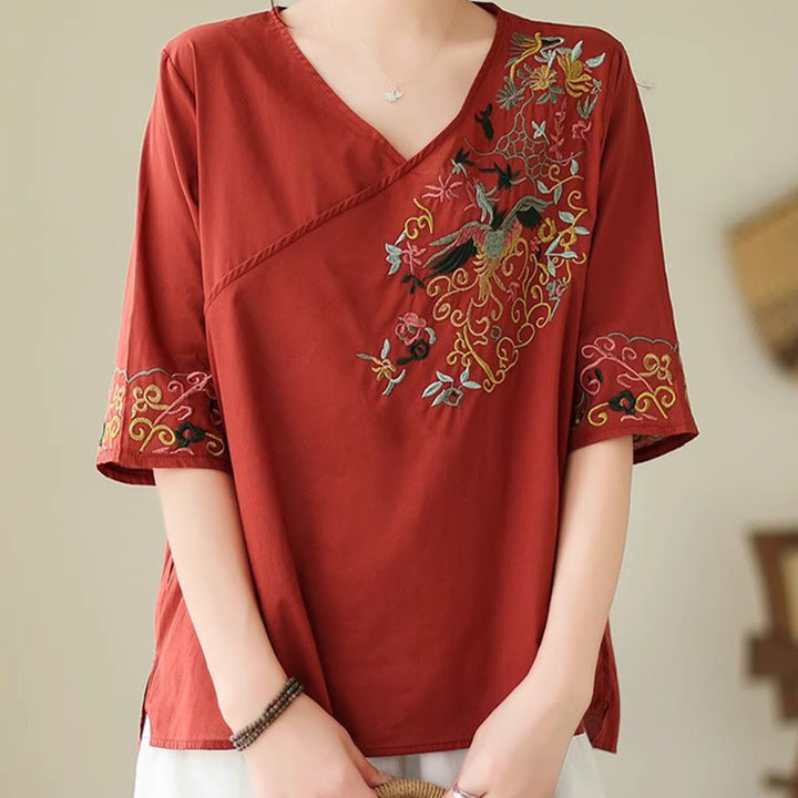 Maglietta da donna in cotone a mezza manica con scollo a V, motivo a uccelli, motivo a ricami colorati casual Buddha Stones - image 19