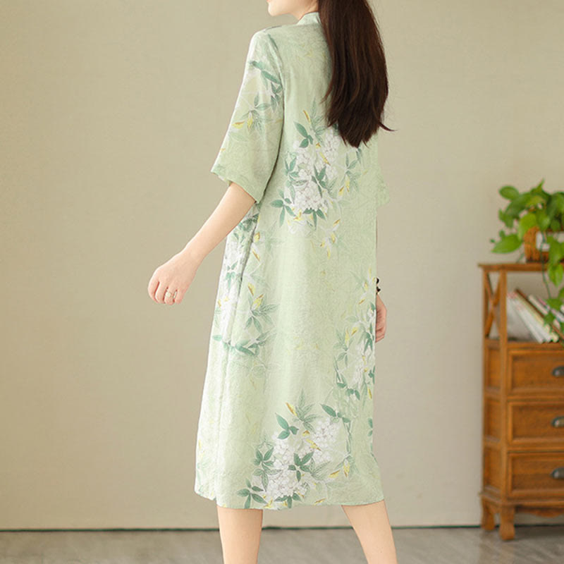 Abito midi cinese in cotone e lino jacquard floreale con Buddha Stones , cheongsam, qipao, maniche corte, tasche - image 2