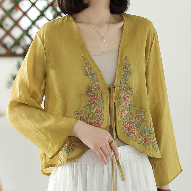 Giacca cardigan aperta sul davanti a maniche lunghe con petali ricamati casual Buddha Stones