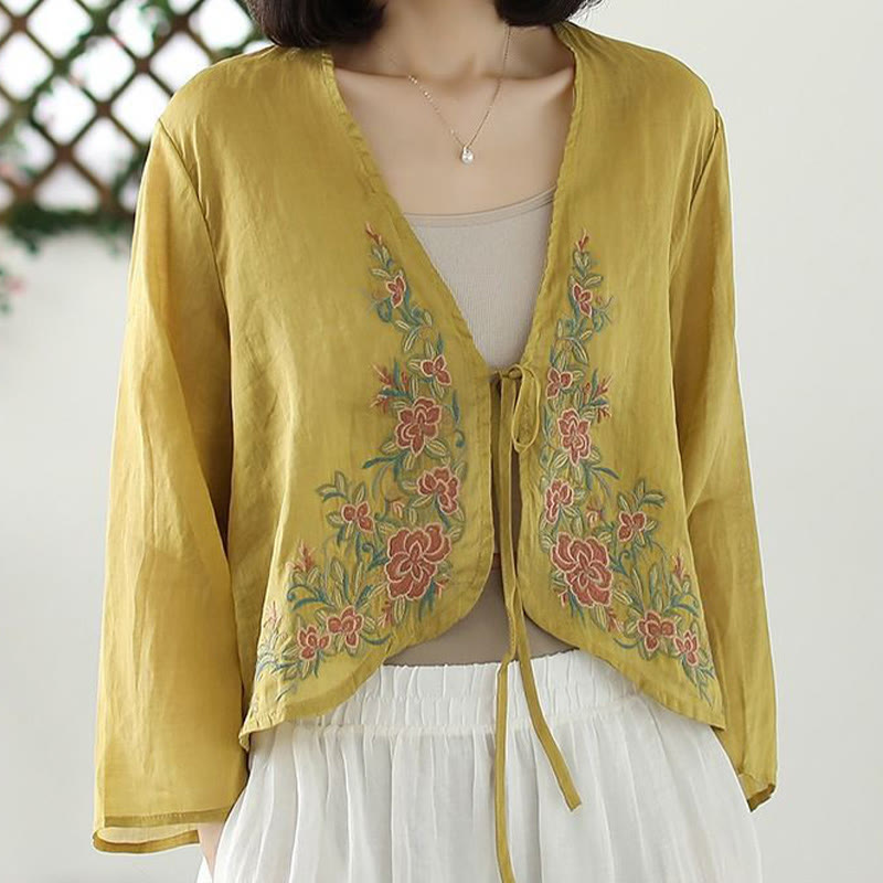 Giacca cardigan aperta sul davanti a maniche lunghe con petali ricamati casual Buddha Stones