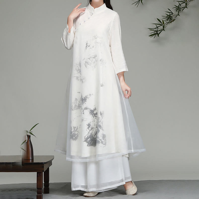 Abito midi in chiffon a maniche lunghe con motivo a rana cinese Buddha Stones