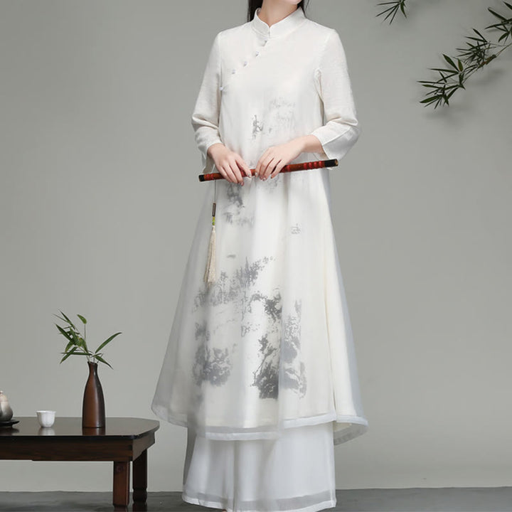 Abito midi in chiffon a maniche lunghe con motivo a rana cinese Buddha Stones